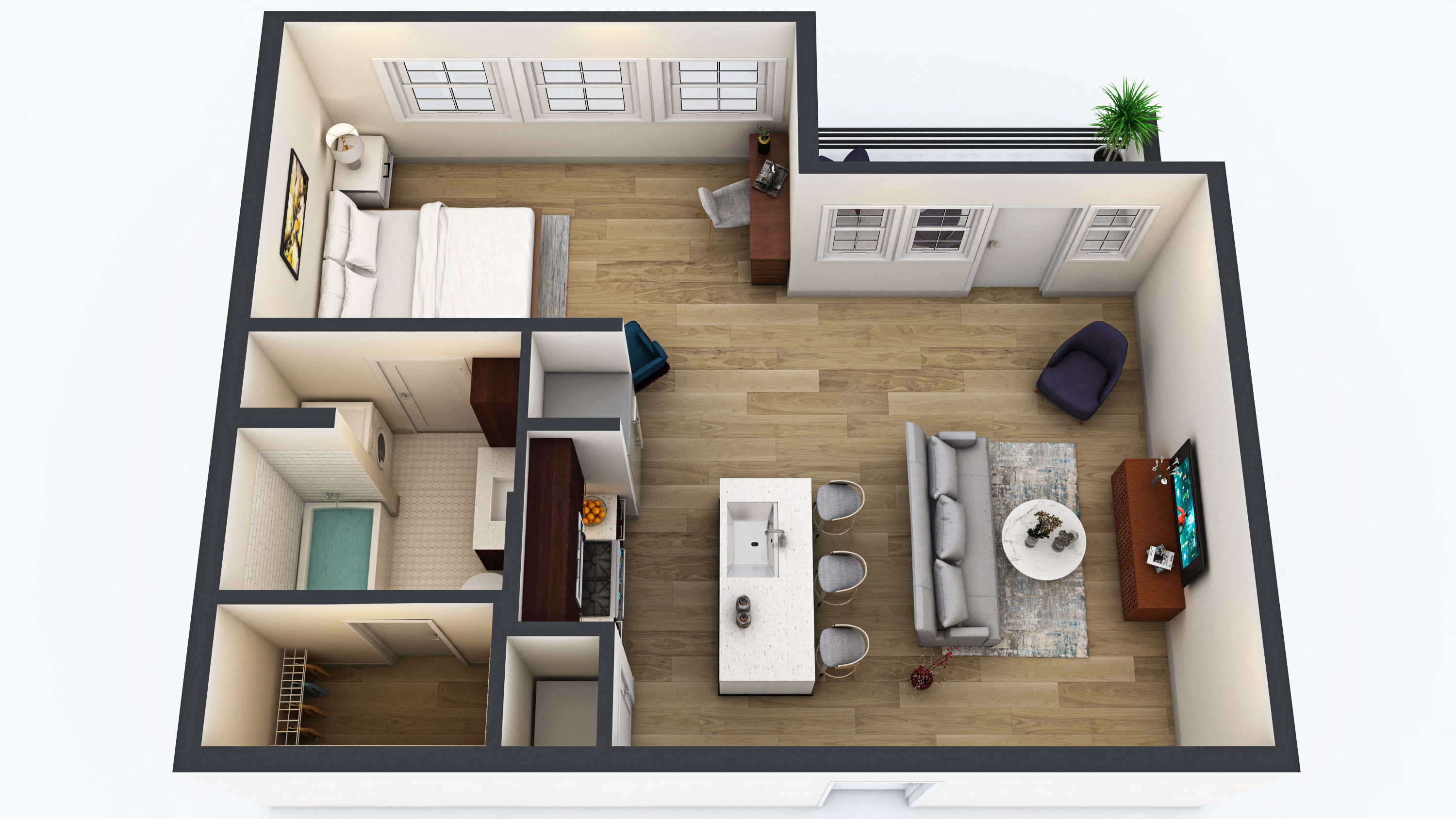 Floor plan for 1 bed, 1 bath, 666 sqft